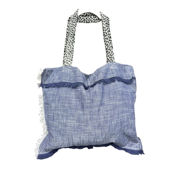 Blue Frayed Denim Tote Bag Leopard Straps Patchwork Jean Pocket - Picture 6 of 6